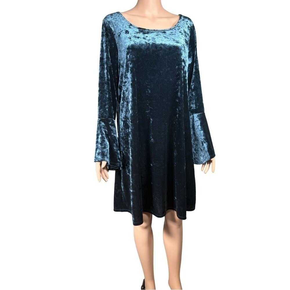 Cato Womens Teal Blue Crushed Velvet Bell Sleeve Shift Dress Size L RN37080